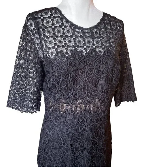 Anthropologie ML Monique Lhuillier Black Floral Lace Sheath Dress Sz 10 - Picture 7 of 16